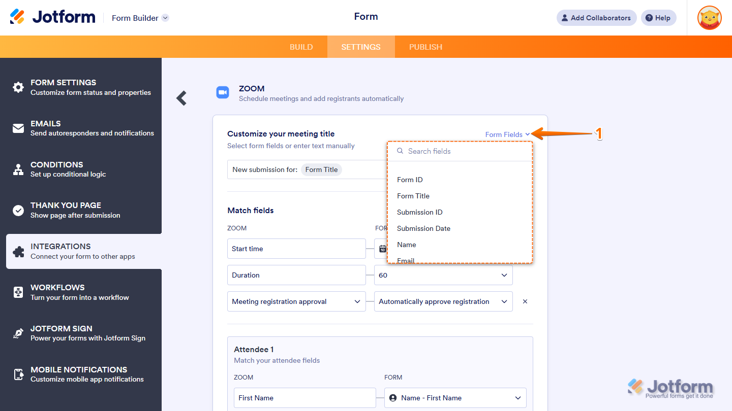 Customize your meeting title in the Jotform's Zoom Integration Settings
