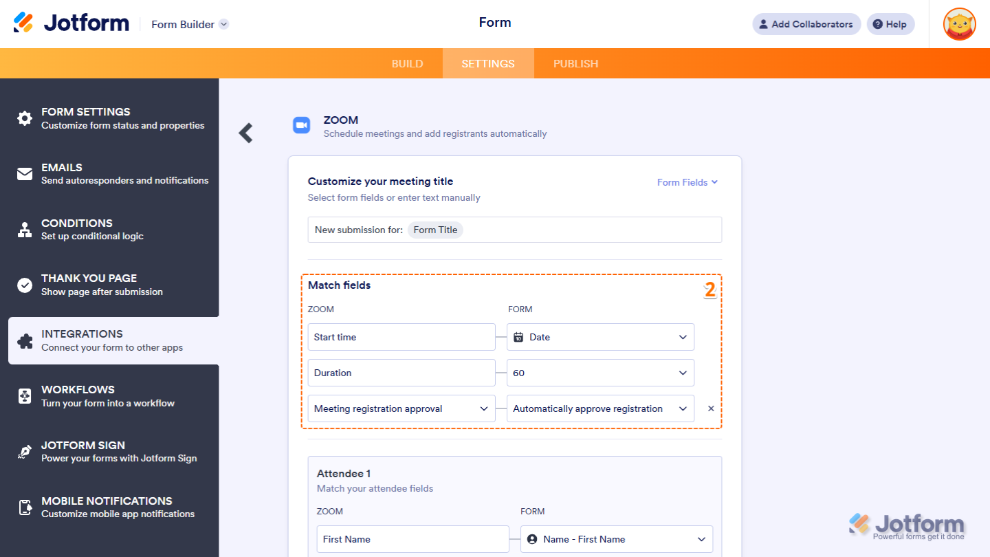 Match fields in the Jotform's Zoom Integration Settings