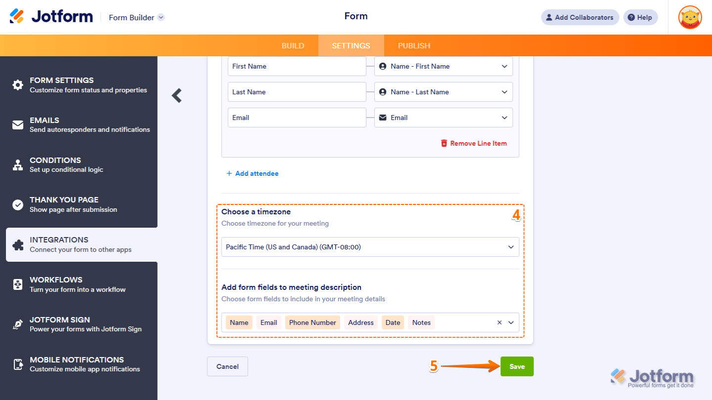Choose a timezone and Add form fields to meeting description dropdowns in the Jotform's Zoom Integration Settings