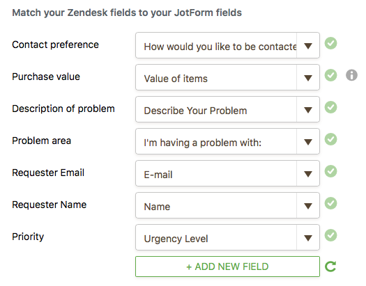 matching fields on Zendesk and Jotform