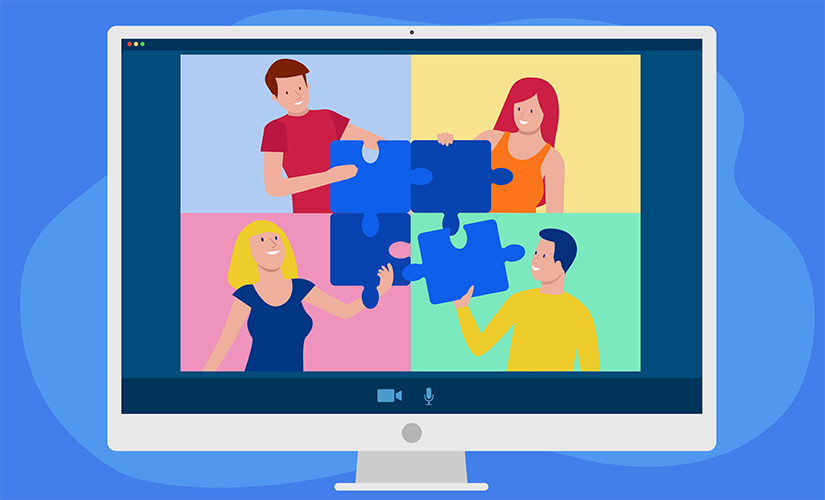 4 People putting puzzle pieces together as a team-building activity on a video call