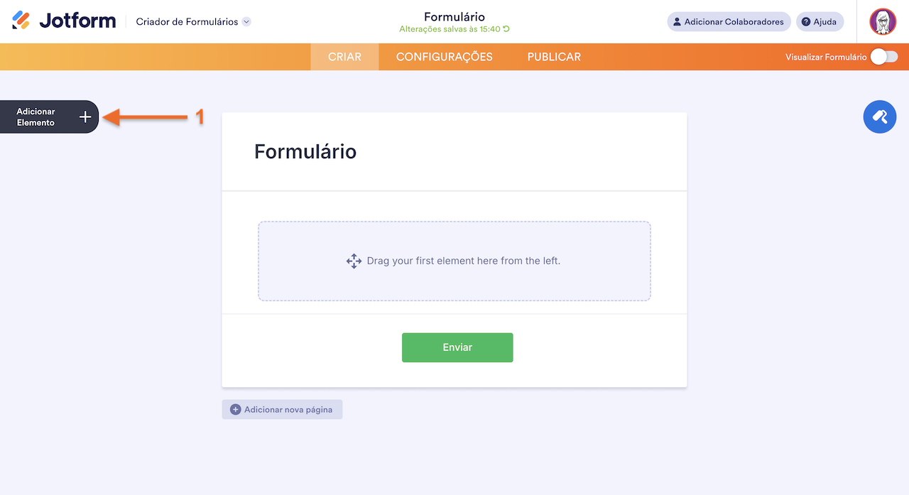 Abrindo Menu de Elementos no Criador de Formulários