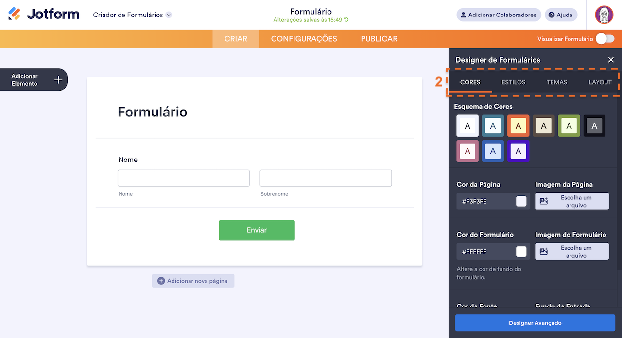 Abas do Designer de Formulários