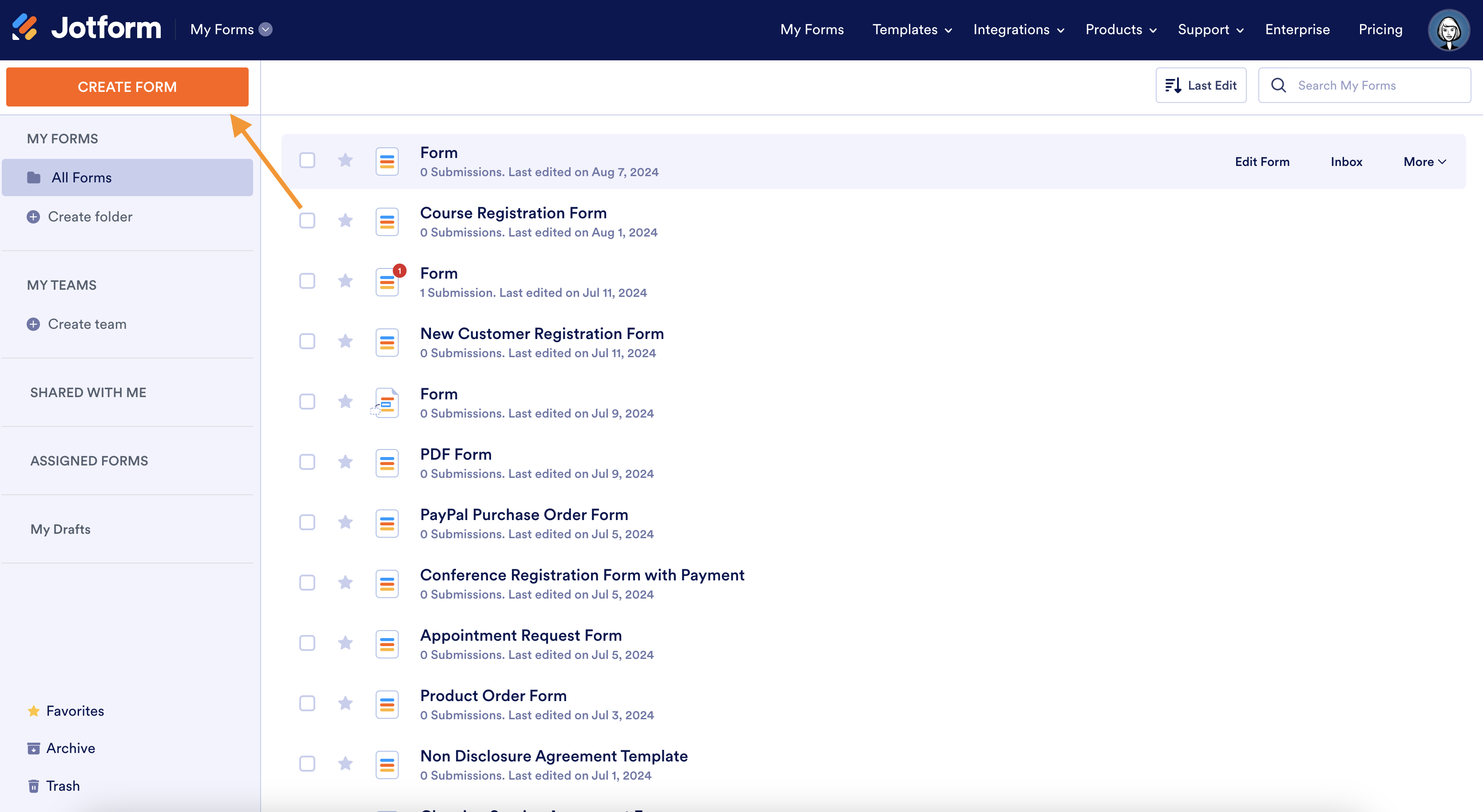 
A screenshot of the Jotform interface displaying a list of forms, with an arrow pointing to the "Create Form" button.