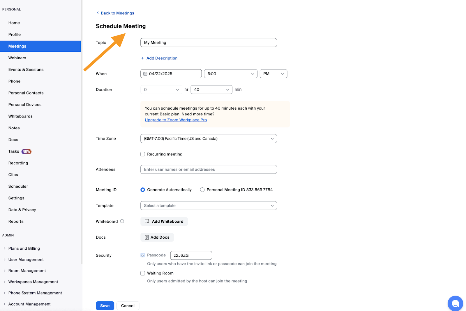 Filling the details in the Schedule Meeting page on Zoom