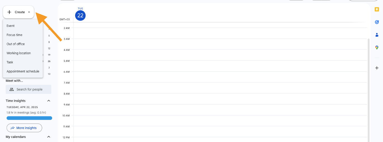 Clicking the "+ Create" button on Google Calendar