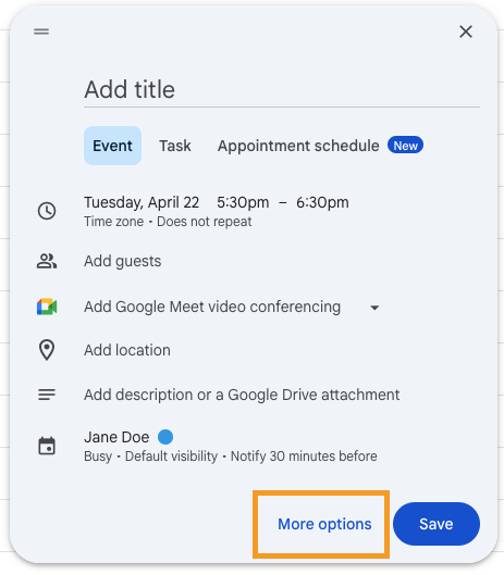 Clicking on More options in the window opened in Google Calendar