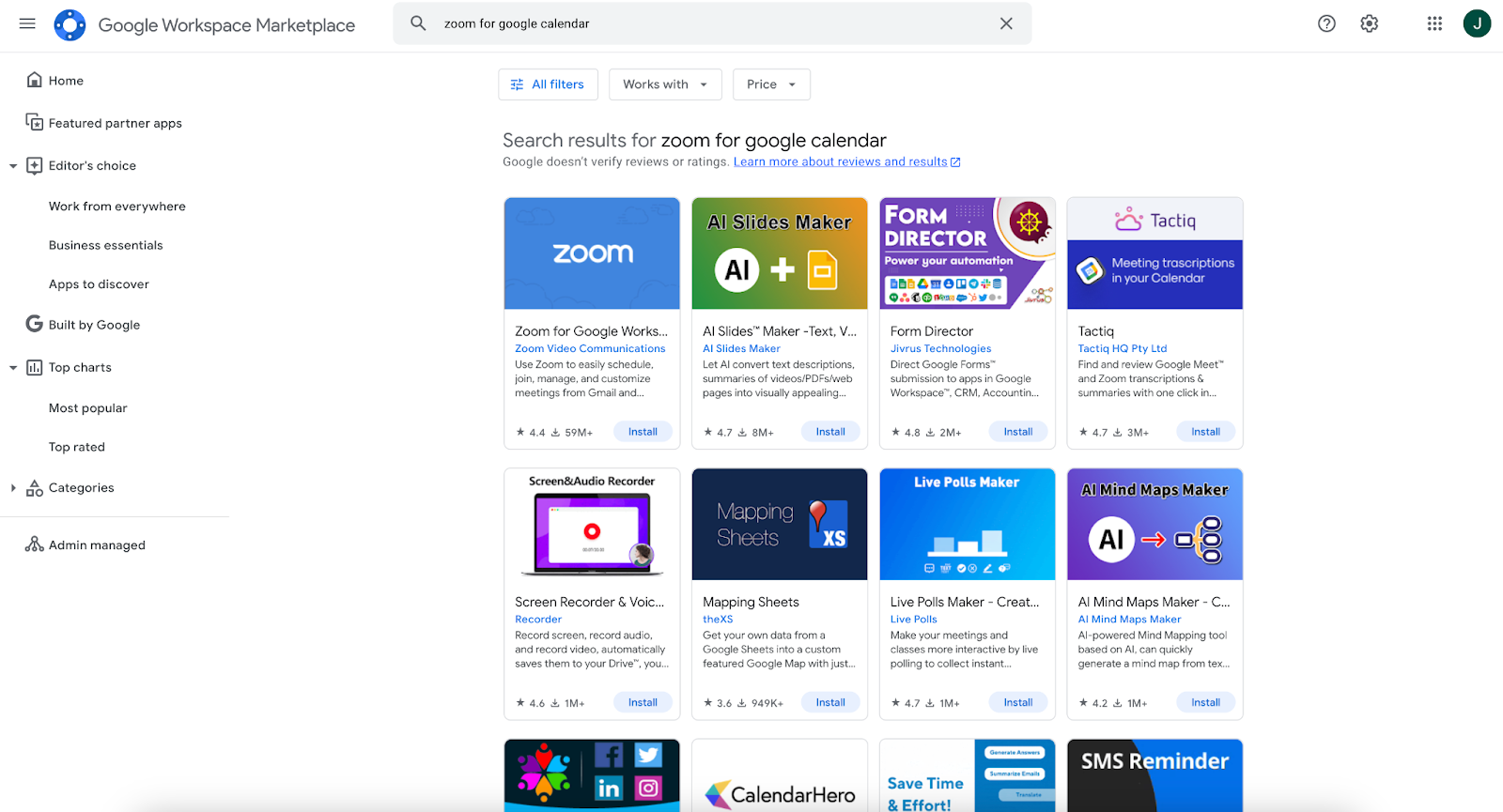 Searching for "zoom for google calendar" in the Google Workspace Marketplace