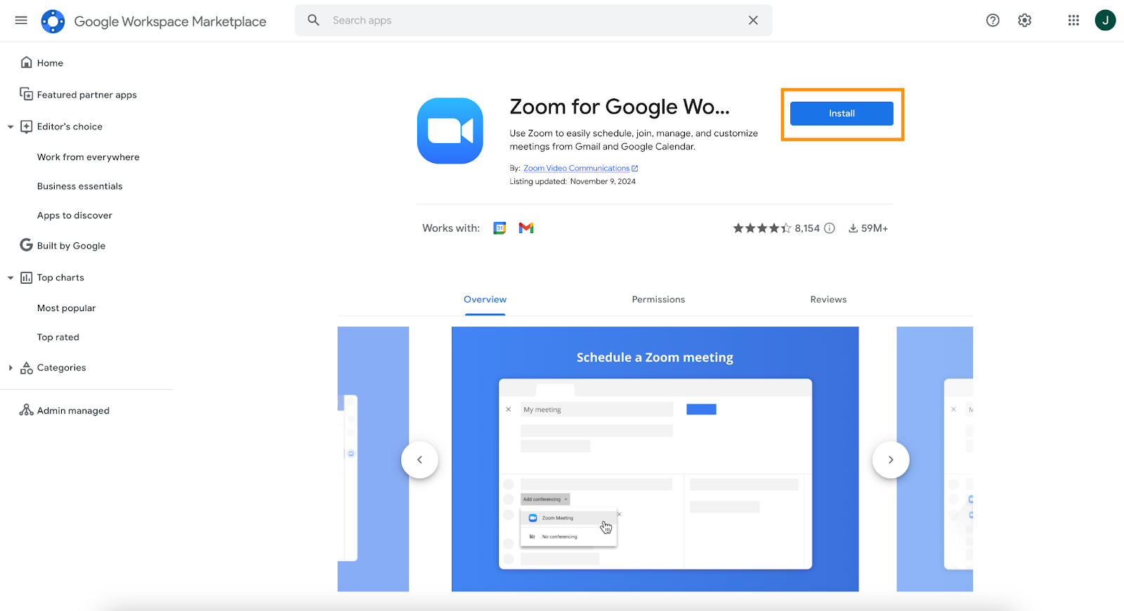 Clicking on the Install button on the Zoom for Google Workspace Marketplace Page