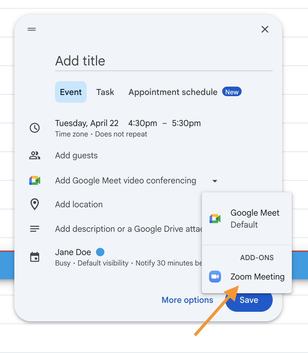 Clicking on the Zoom Meeting option on the Zoom extension on the Google Calendar desktop