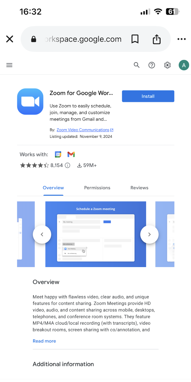 Zoom for Google Calendar add-on viewed on mobile