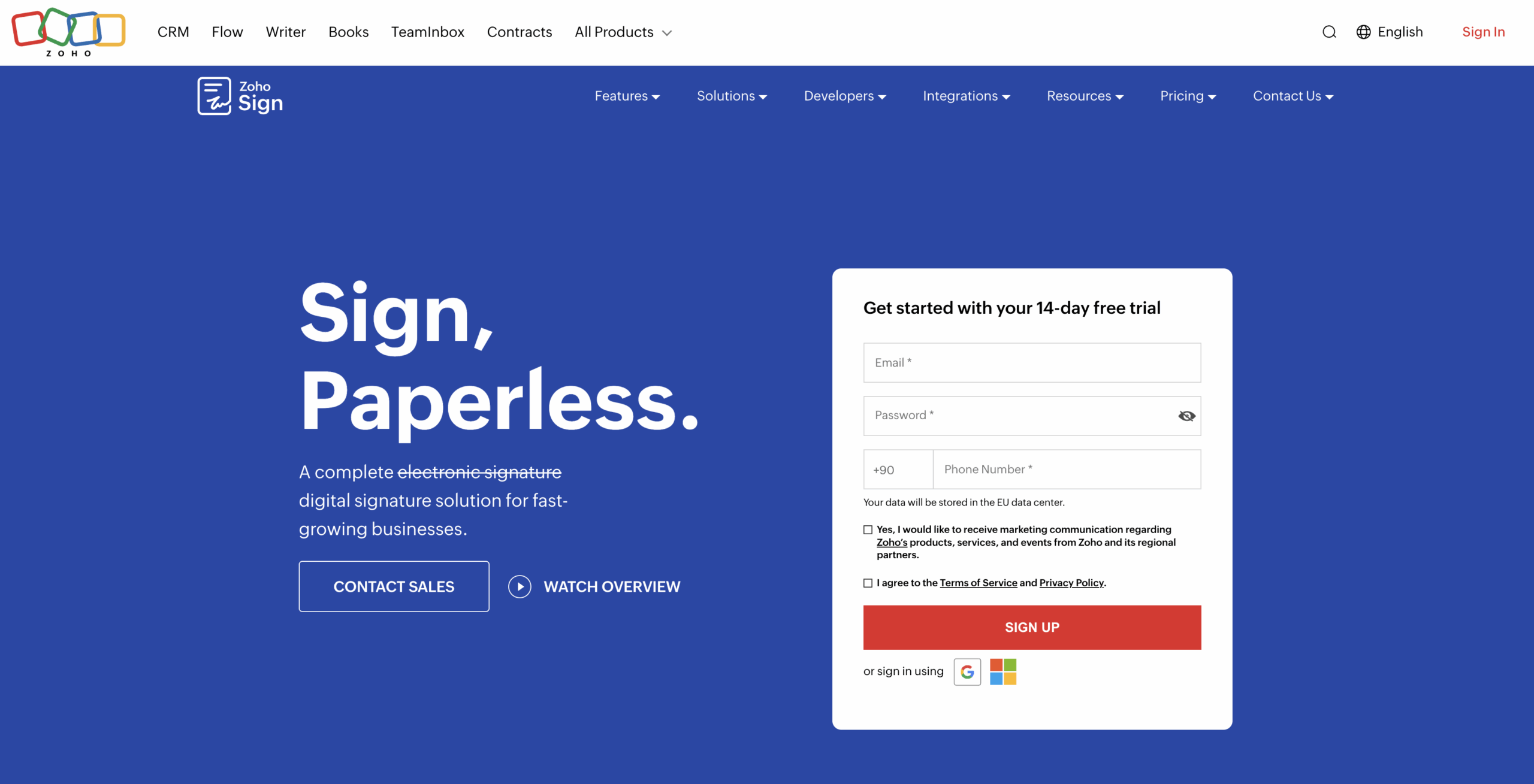 Zoho Sign Landing Page