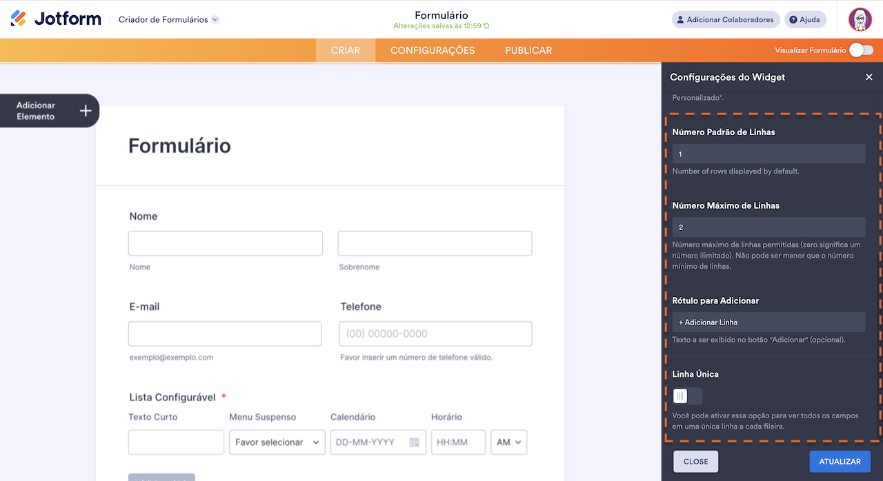Opções Adicionais do Widget