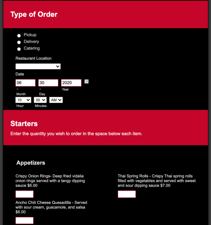 Restaurant Order Form Template