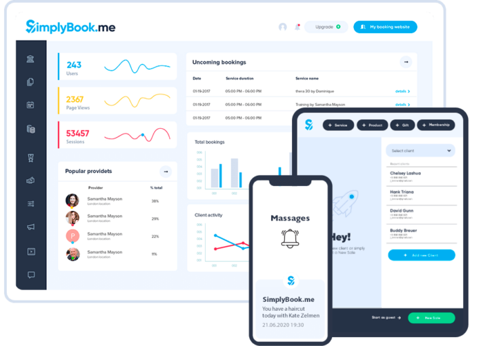 Appointment calendars across multiple devices (a phone, laptop, and desktop computer) with SimplyBook