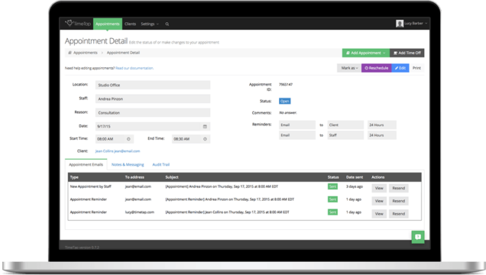 An appointment calendar in TimeTap's scheduling interface