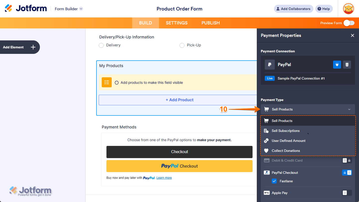 Payment Type setting in the Payment Properties menu of the PayPal Payment field in Jotform Form Builder