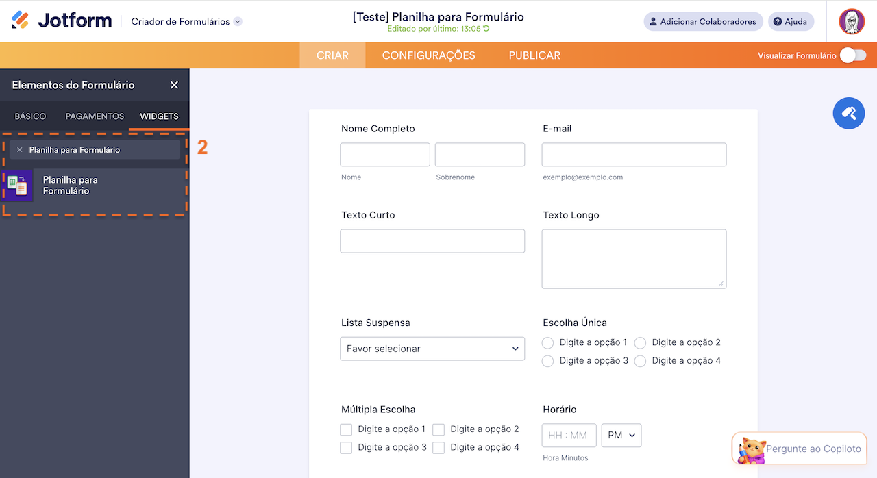 Adicionando widget Planilha para Formulário