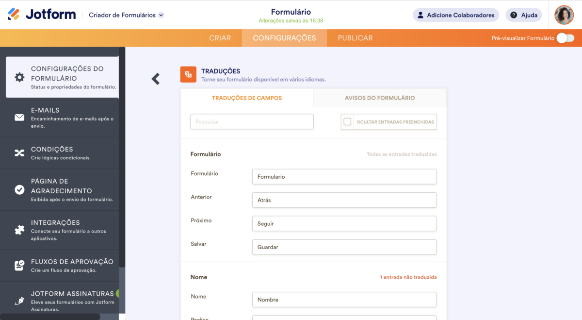 Criador de Formulários - Página de Traduções