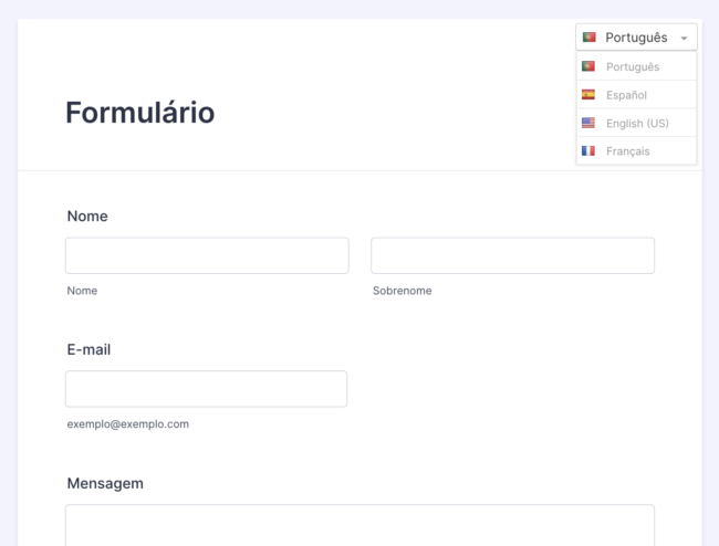 Formulário - Menu de Idiomas