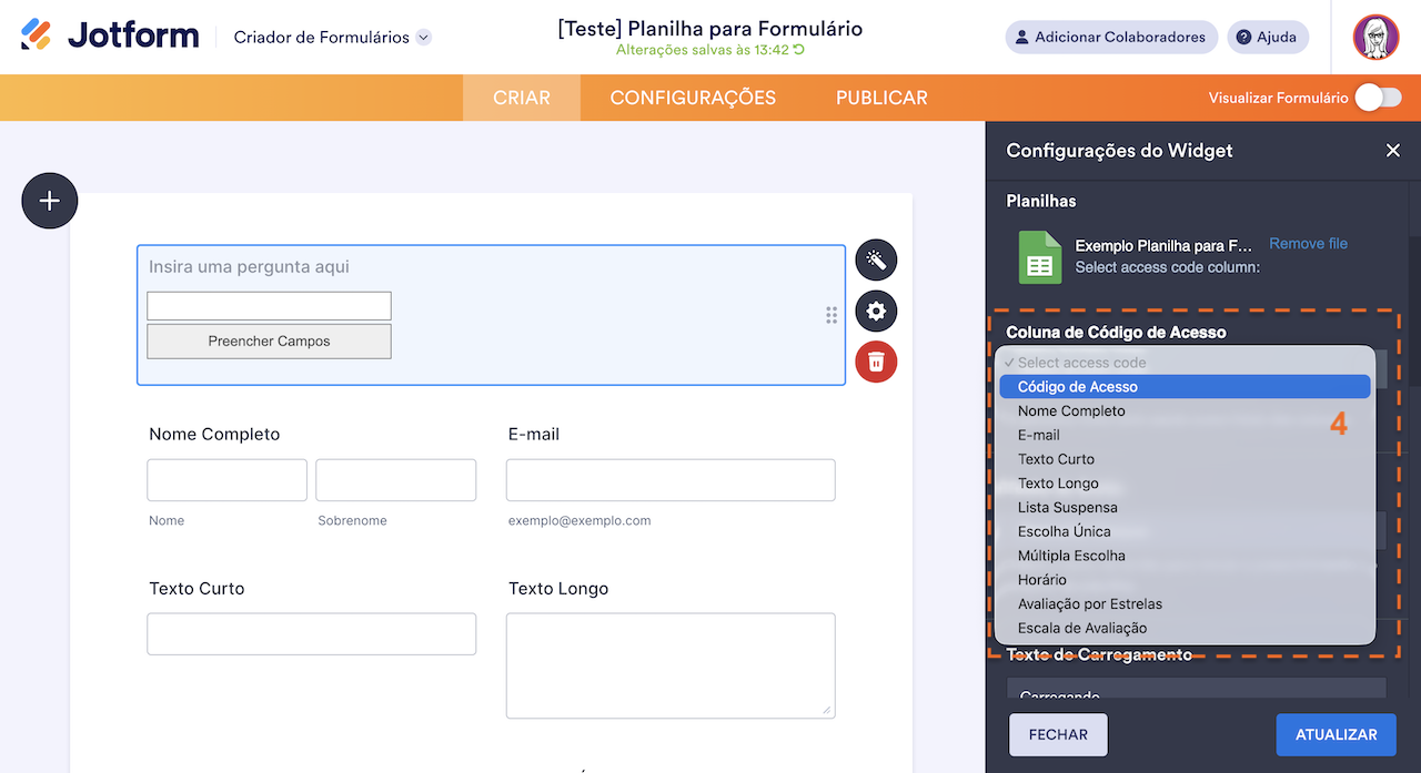 Selecionando coluna do código de acesso