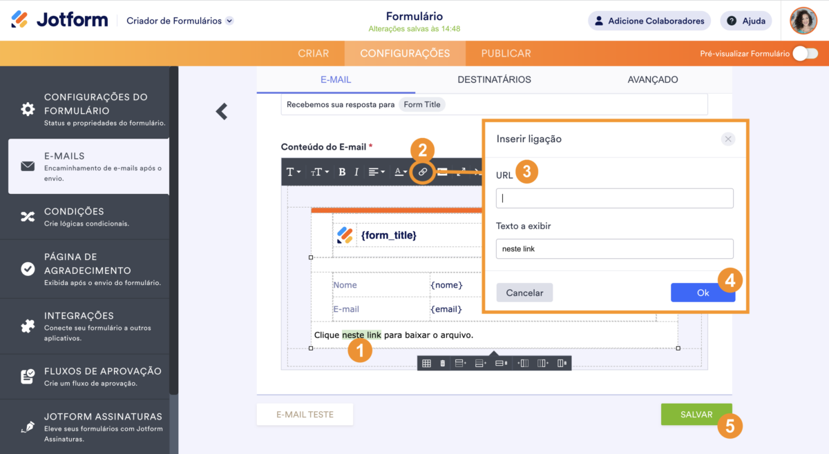 Criador de Formulários - Configurações da Resposta Automática