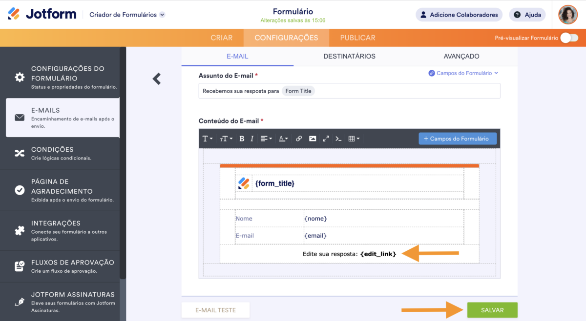 E-mail de Resposta Automática - Link de Edição