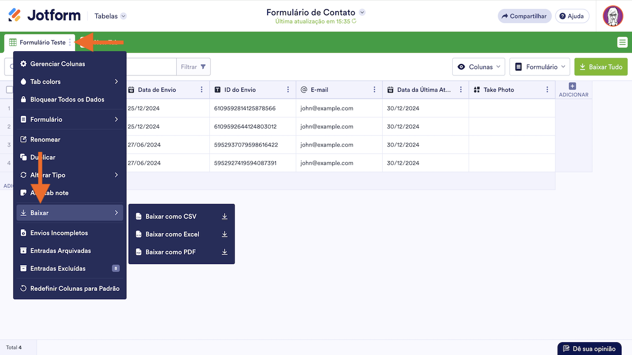 Jotform Tabelas - Baixar respostas como arquivo excel pelo menu da guia