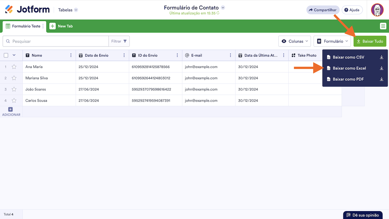 Jotform Tabelas - Baixar respostas como arquivo excel