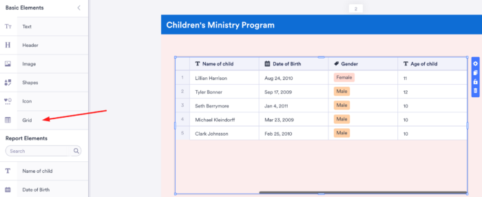 Grid element of Jotform Report Builder