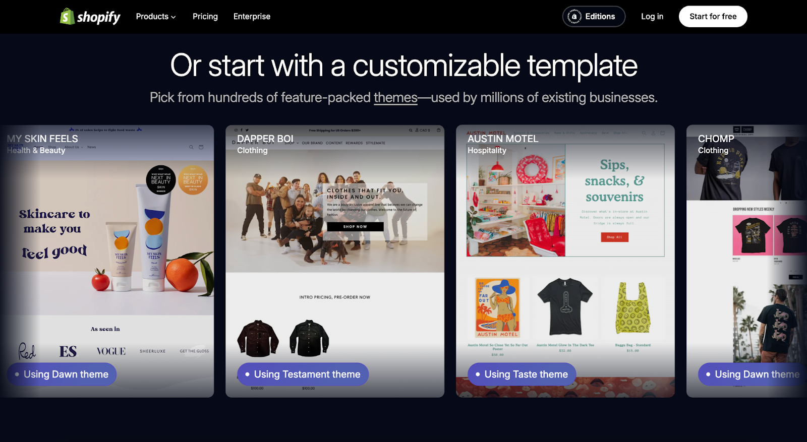 Viewing the Shopify templates page