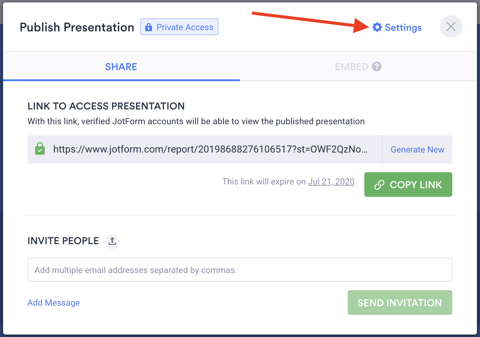 Publish Presentation Window in Jotform Report Builder Clicking on Settings