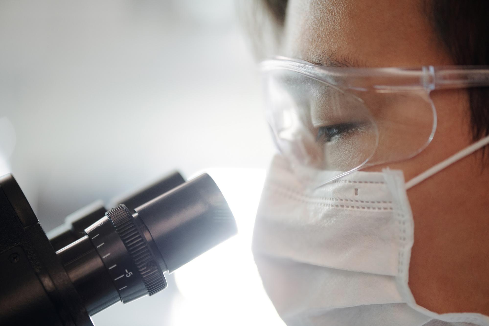 A researcher examines samples under a microscope