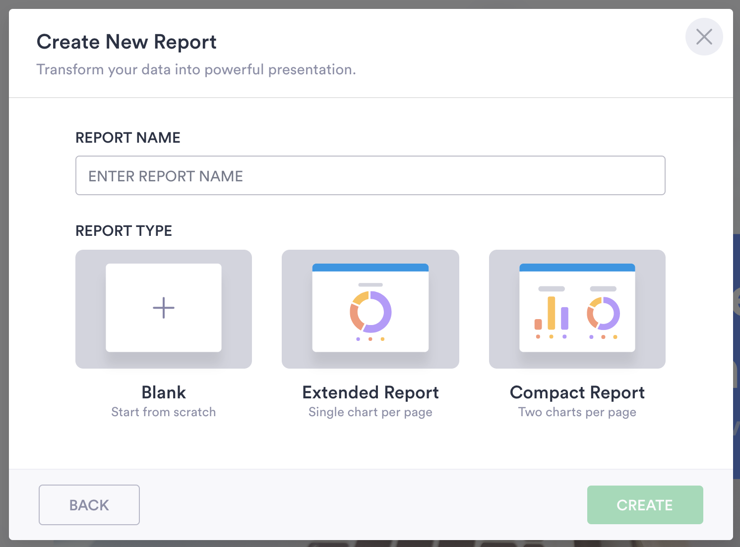 Create New Report Window