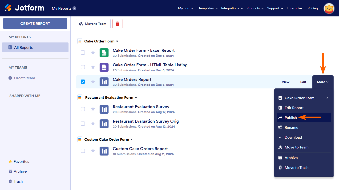 Publish option in the More menu of a Visual Report in Jotform My Reports page