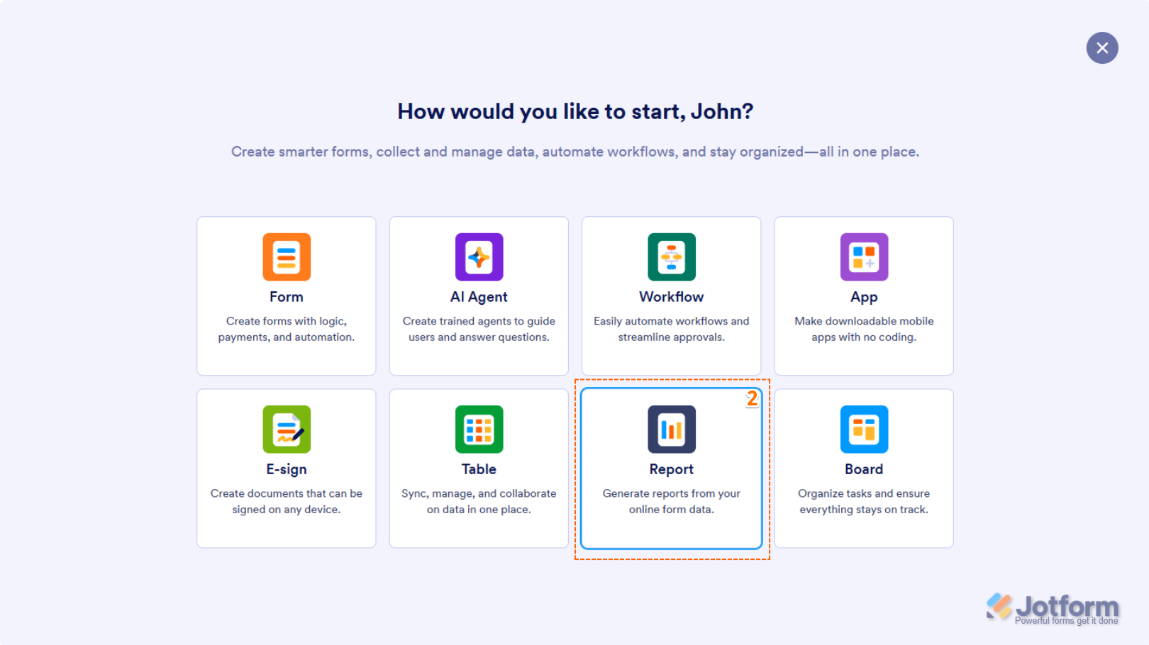 Report option in the Select Asset window on the Jotform My Workspace page