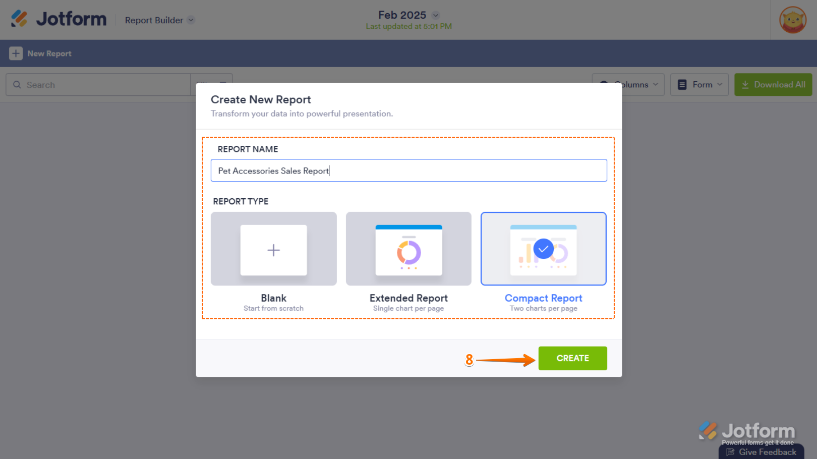 Create button in the Create New Report window of the Jotform Report Builder