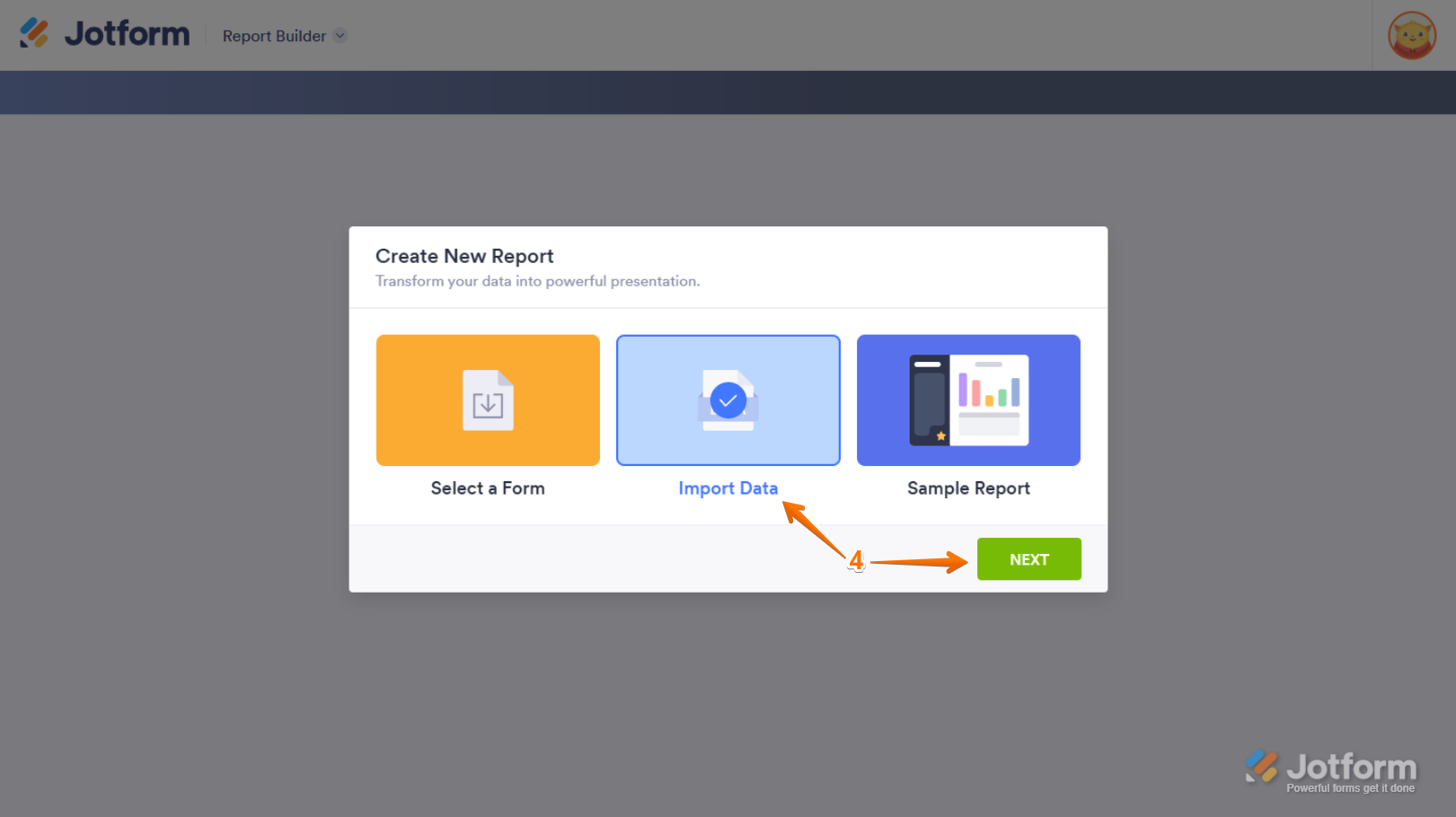 Import Data option in the Create New Report window of the Jotform Report Builder