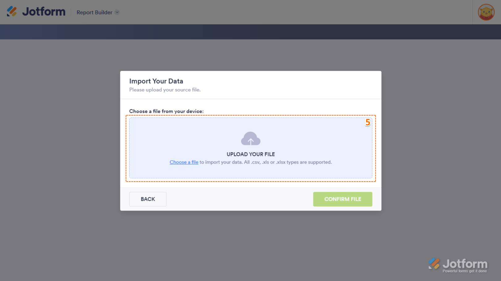 Upload Your File area in the Import Your Data window of the Jotform Report Builder