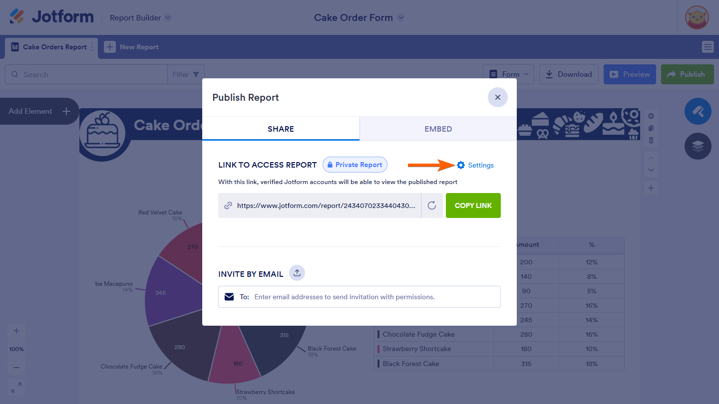 Settings button in the Publish Report window of Jotform Report Builder