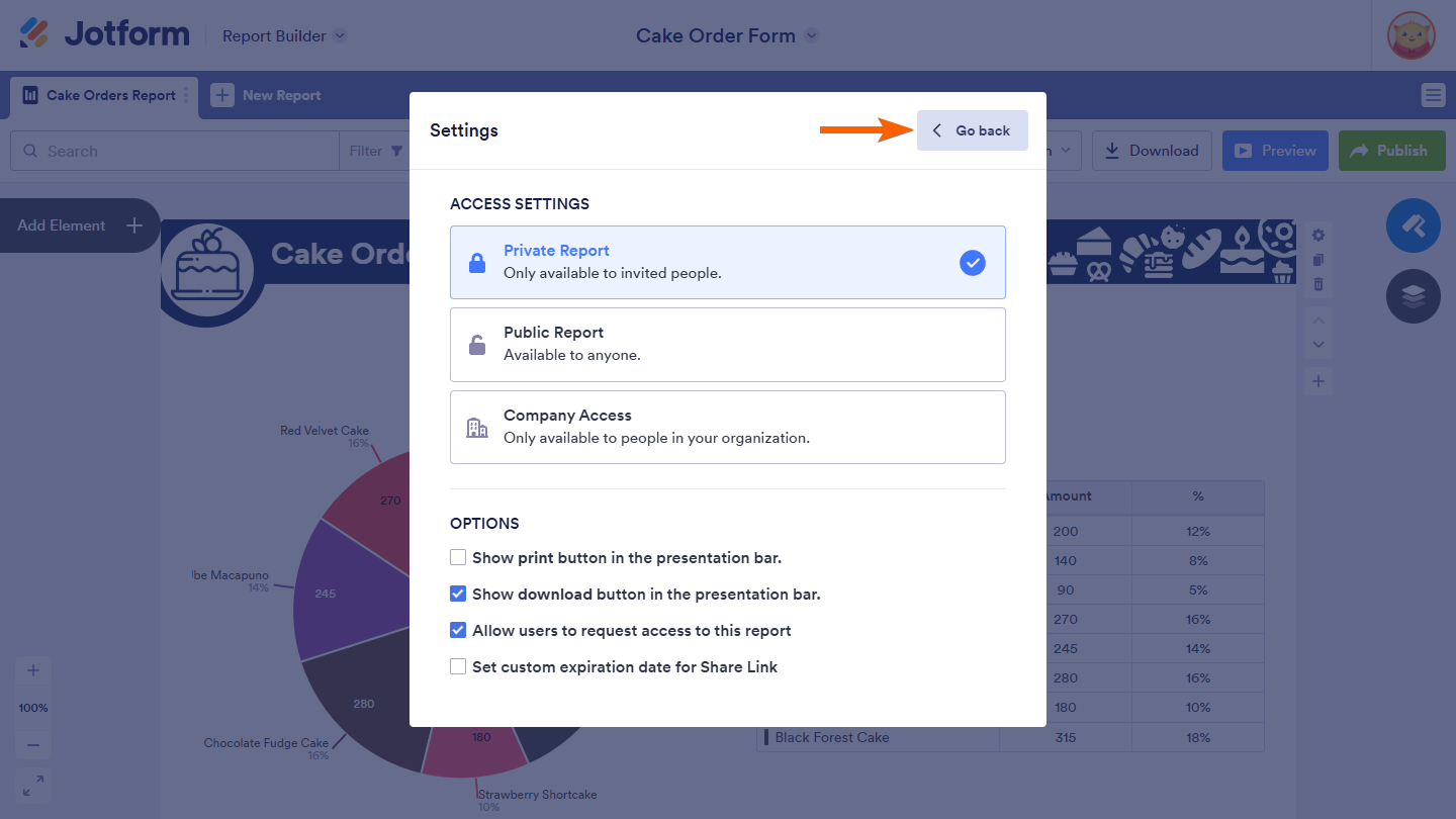 Go Back button of Settings in the Publish Report window of Jotform Report Builder