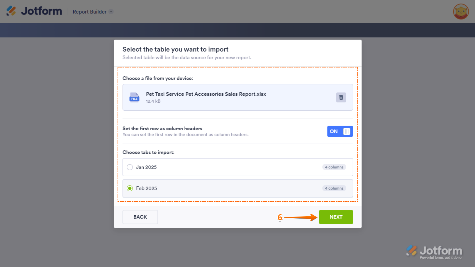 Select the Table You Want to Import window in Jotform Report Builder