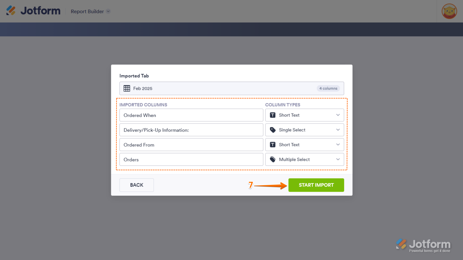 Start Import button in Jotform Report Builder