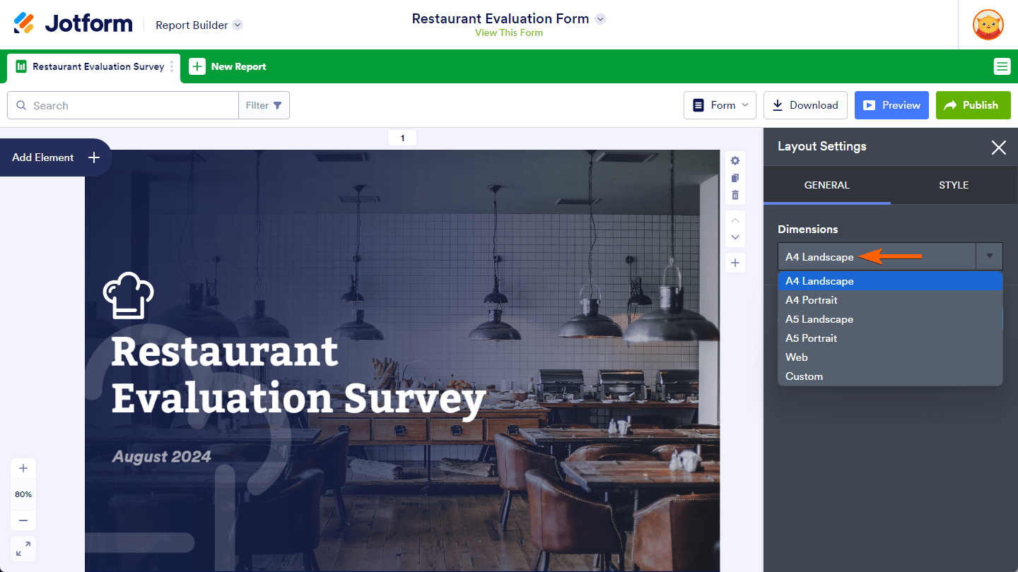 Dimensions setting options in the Layout Settings of the Report Builder