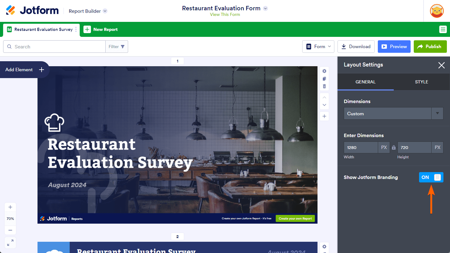 Show Jotform Branding setting in the Layout Settings of the Report Builder