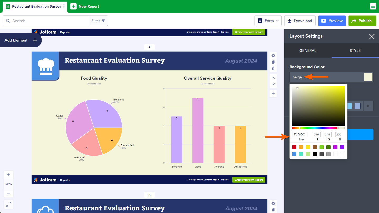 Click to enlarge Background Color setting in Layout Style Settings of the Report Builder