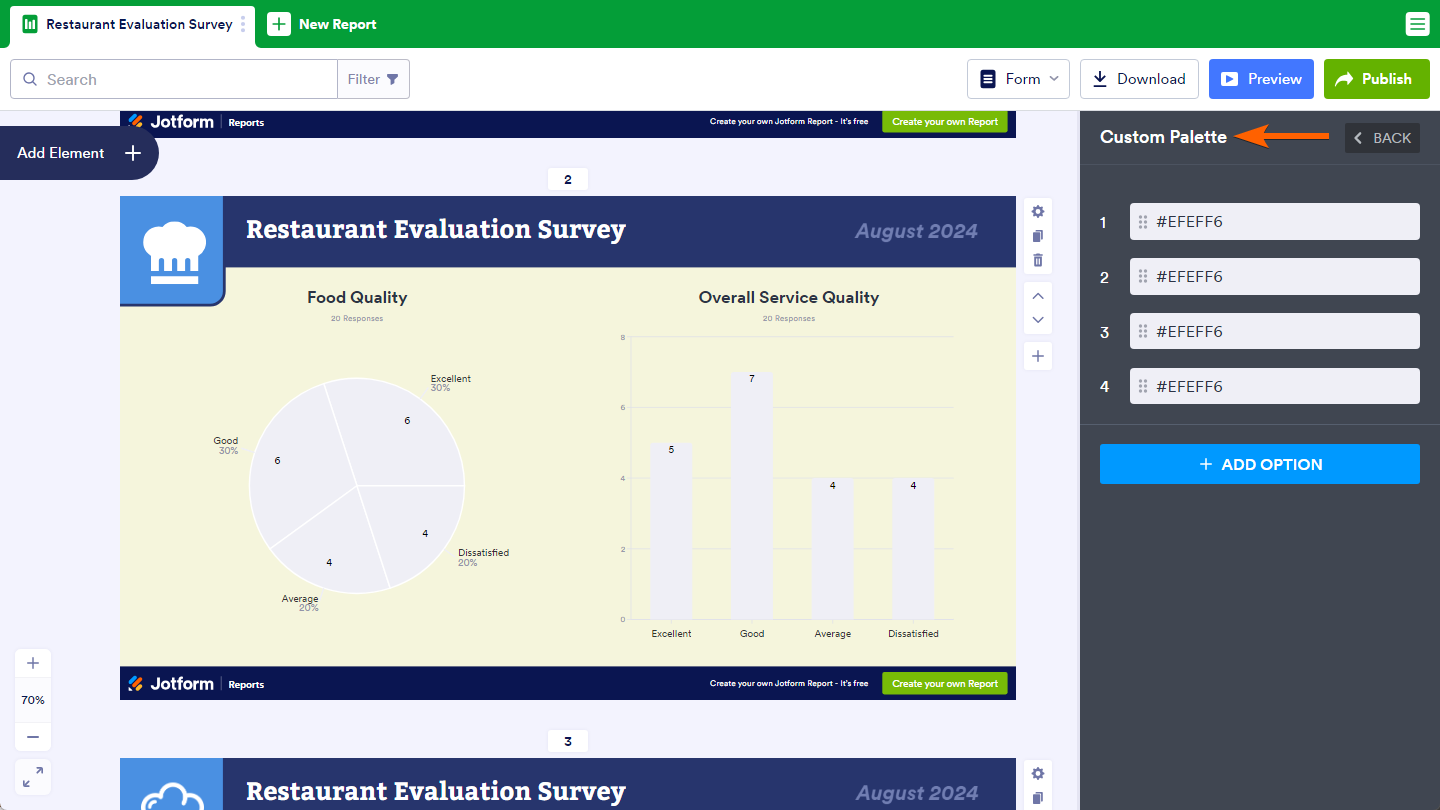 New custom palette default colors in Custom Palette section of Chart Color Palette setting in Layout Style Settings of the Report Builder