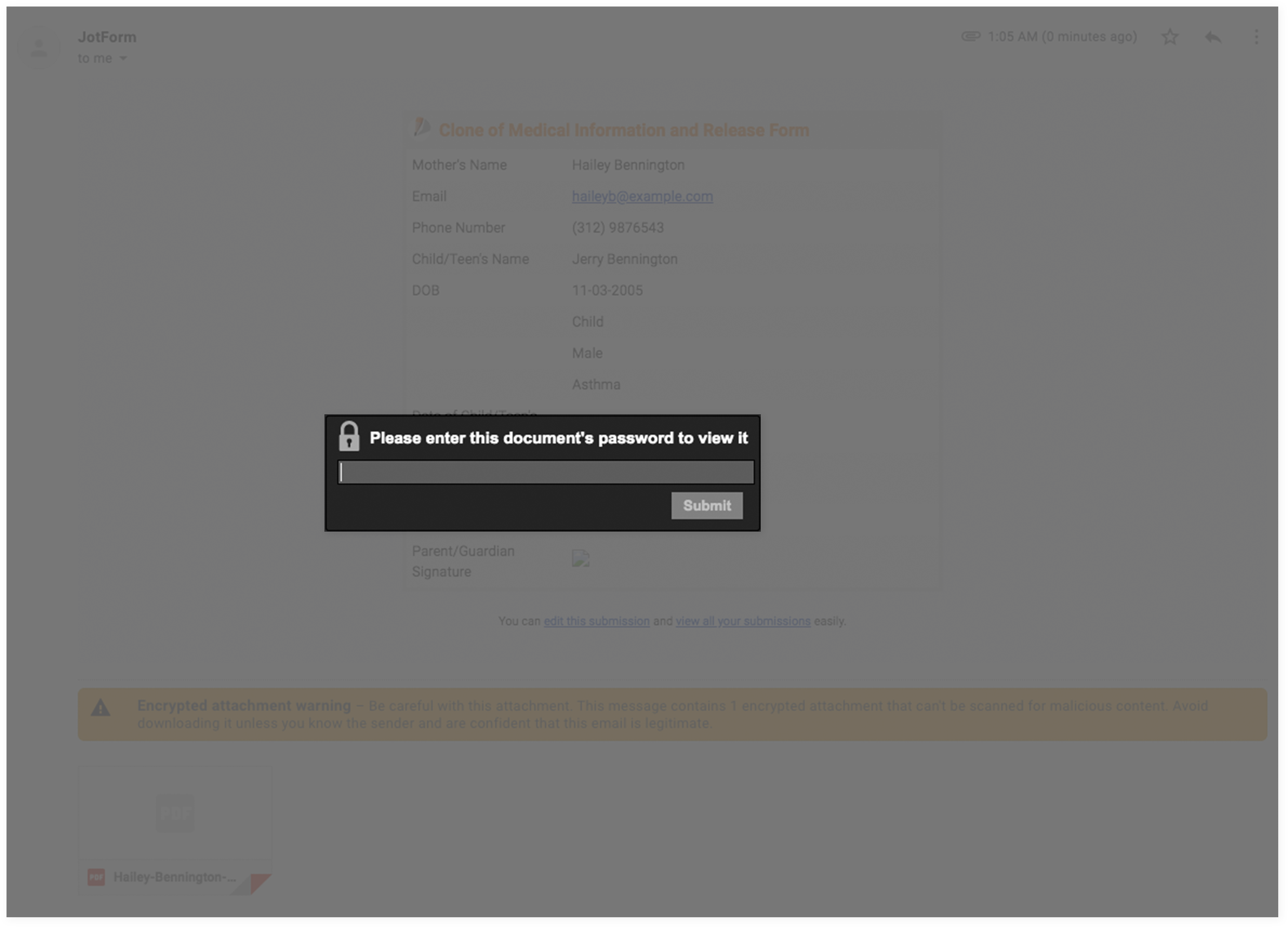 Entering Document's Password to the PDF Attachment in the Mail