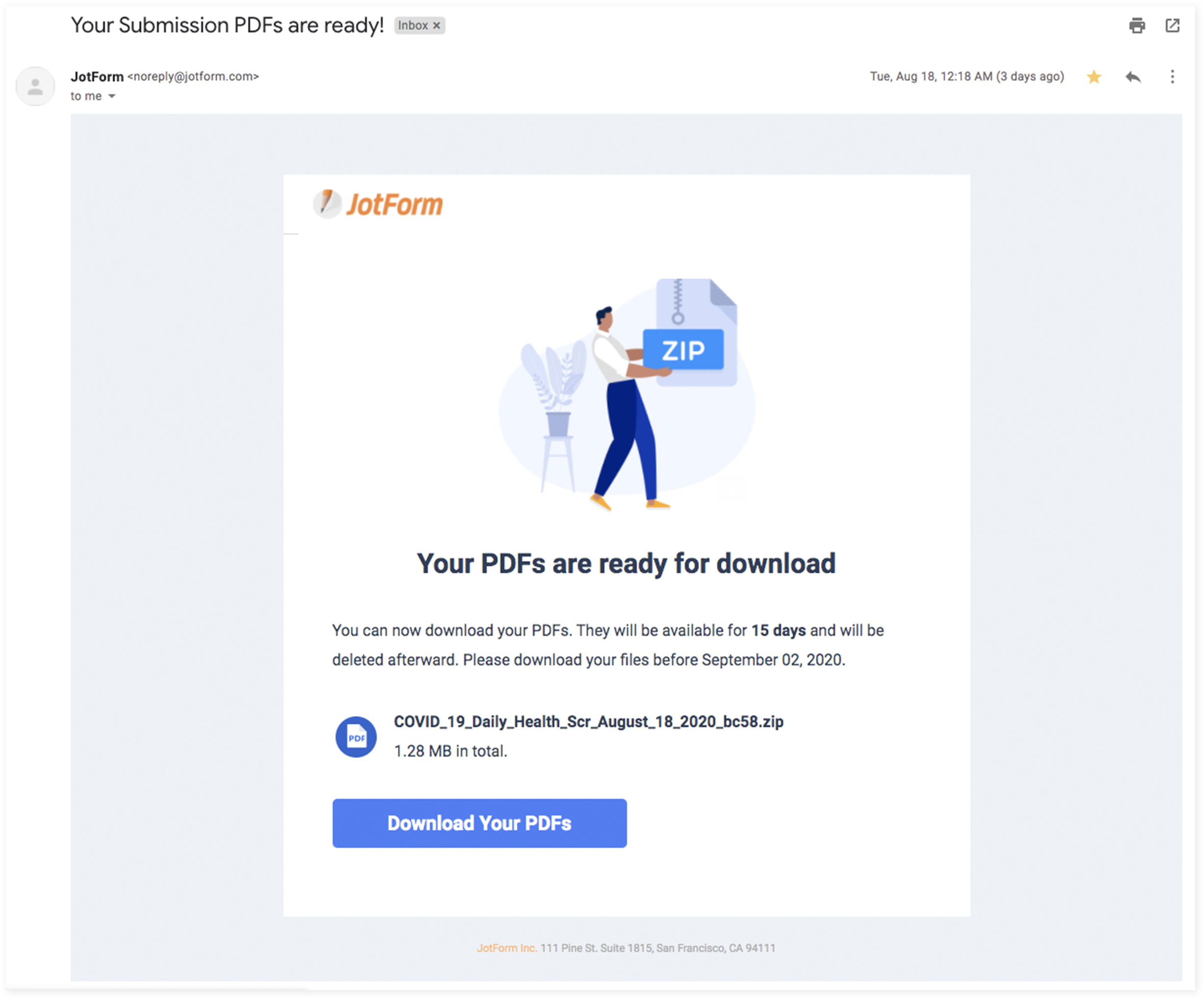 "Your Submission PDFs are ready!" Message from Jotform Inbox in Mail