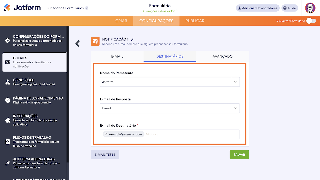 Alterando configurações de Destinatários
